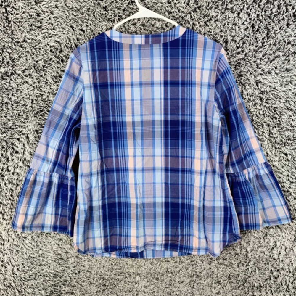 Talbots Womens Preppy Coastal Plaid Bell Sleeve Blouse M Blue Pink Split Neck - Picture 4 of 8